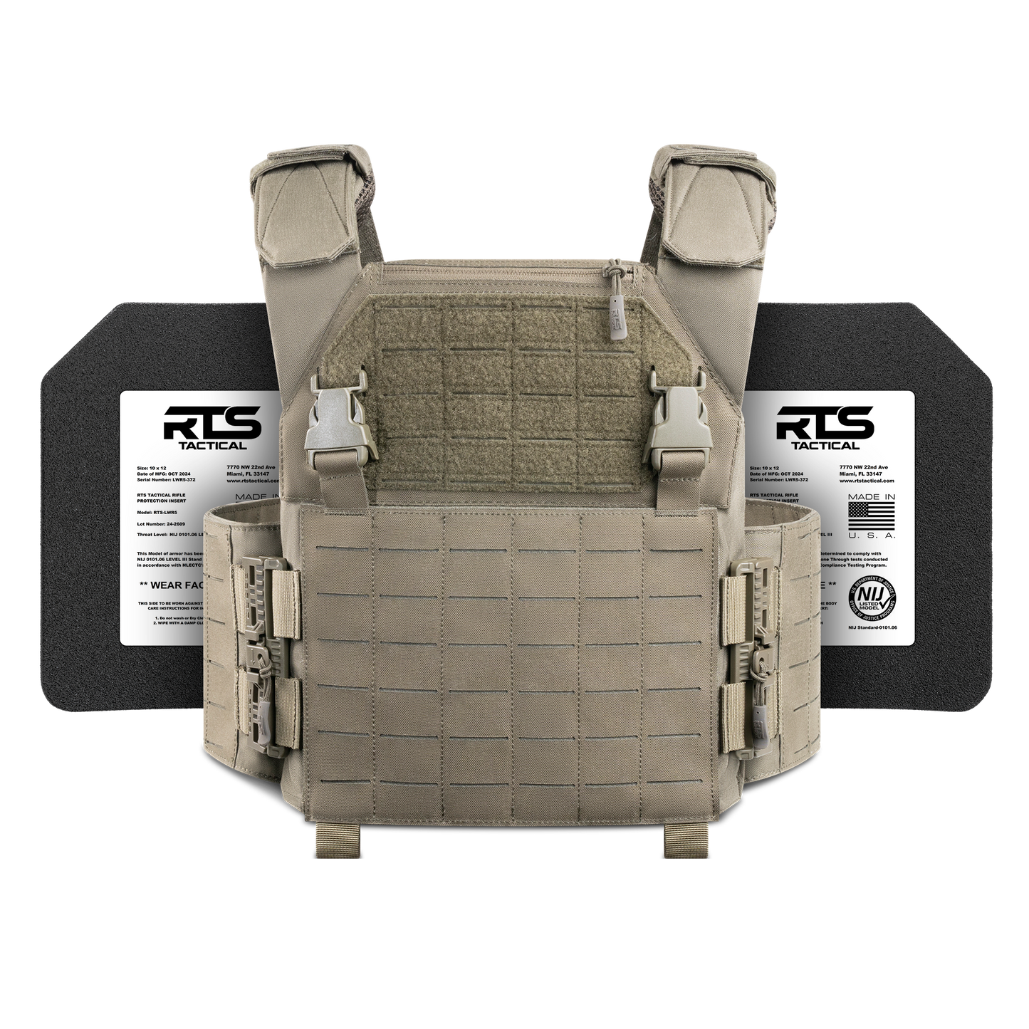 Tactical vest with MOLLE webbing and adjustable straps in beige, positioned in front of two black ballistic plates labeled "RTS Tactical," on a black background.