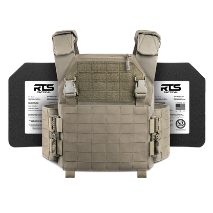 Tactical vest with MOLLE webbing and adjustable straps in beige, positioned in front of two black ballistic plates labeled "RTS Tactical," on a black background.