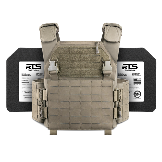 Tactical vest with MOLLE webbing and adjustable straps in beige, positioned in front of two black ballistic plates labeled "RTS Tactical," on a black background.