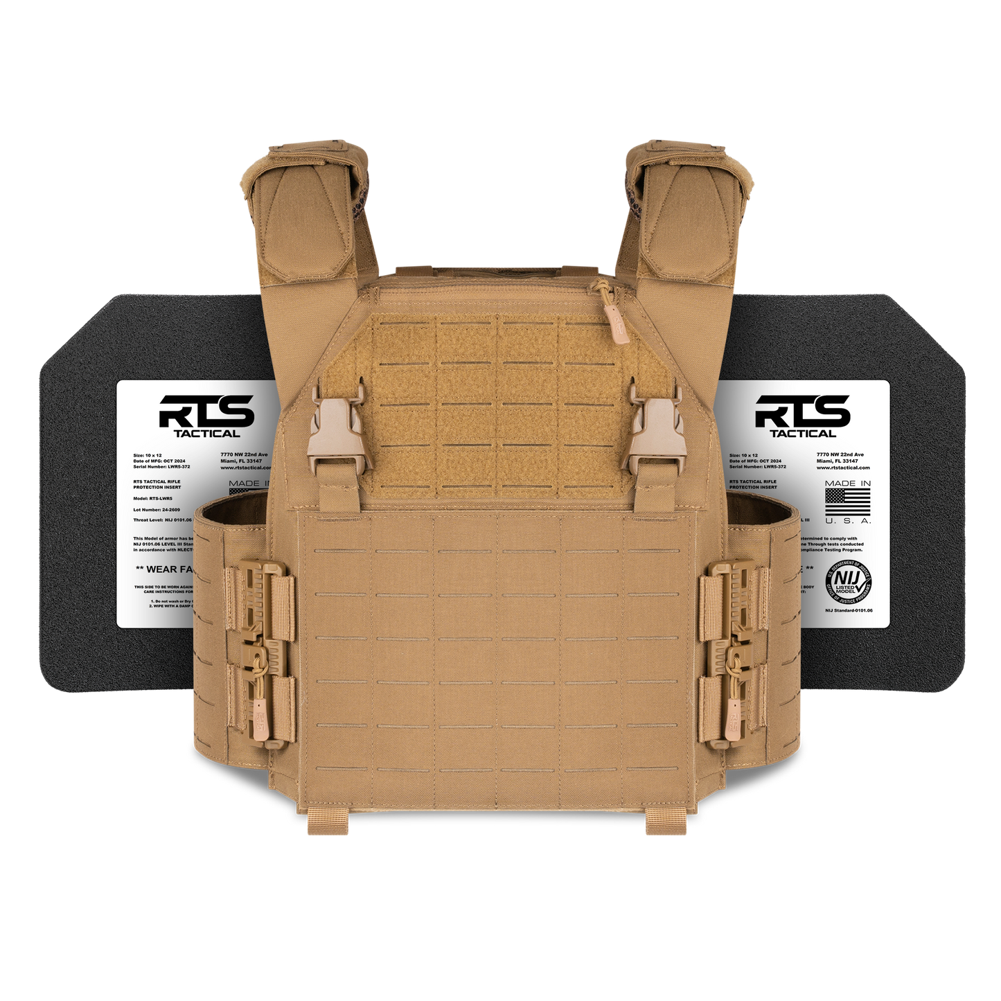 Tan tactical vest displayed against a black background with two black ballistic plates labeled "RTS Tactical" alongside.