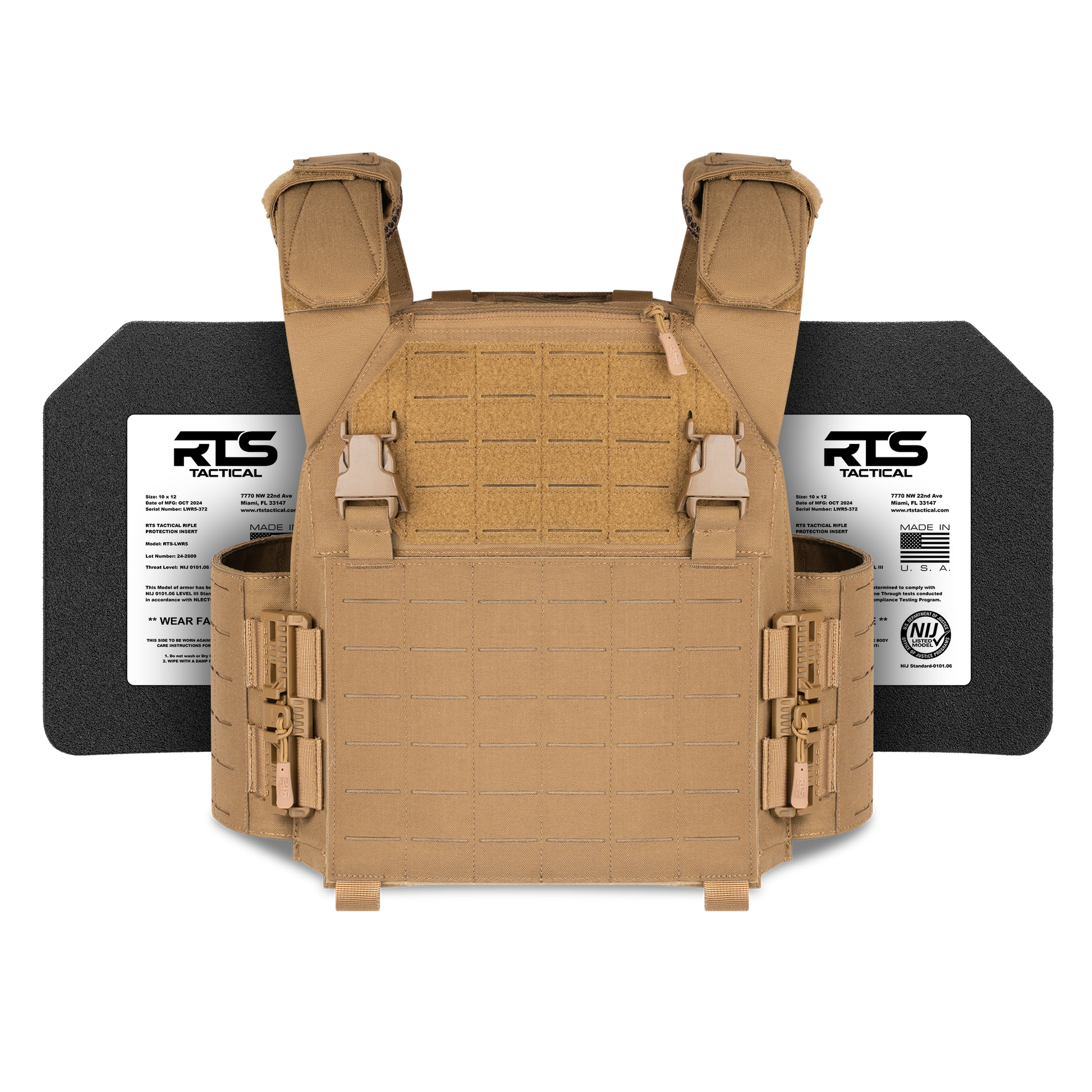 Tan tactical vest displayed against a black background with two black ballistic plates labeled "RTS Tactical" alongside.