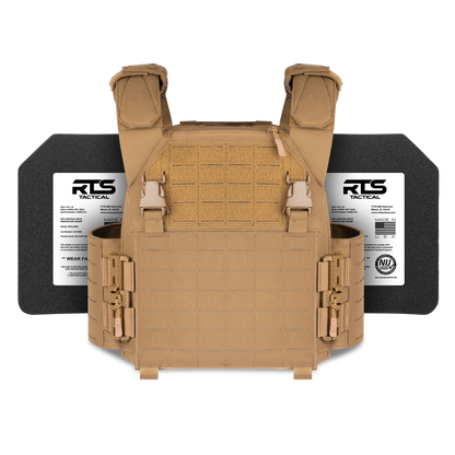 Tan tactical vest displayed against a black background with two black ballistic plates labeled "RTS Tactical" alongside.