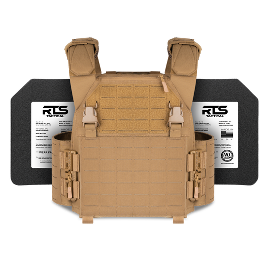 Tan tactical vest displayed against a black background with two black ballistic plates labeled "RTS Tactical" alongside.