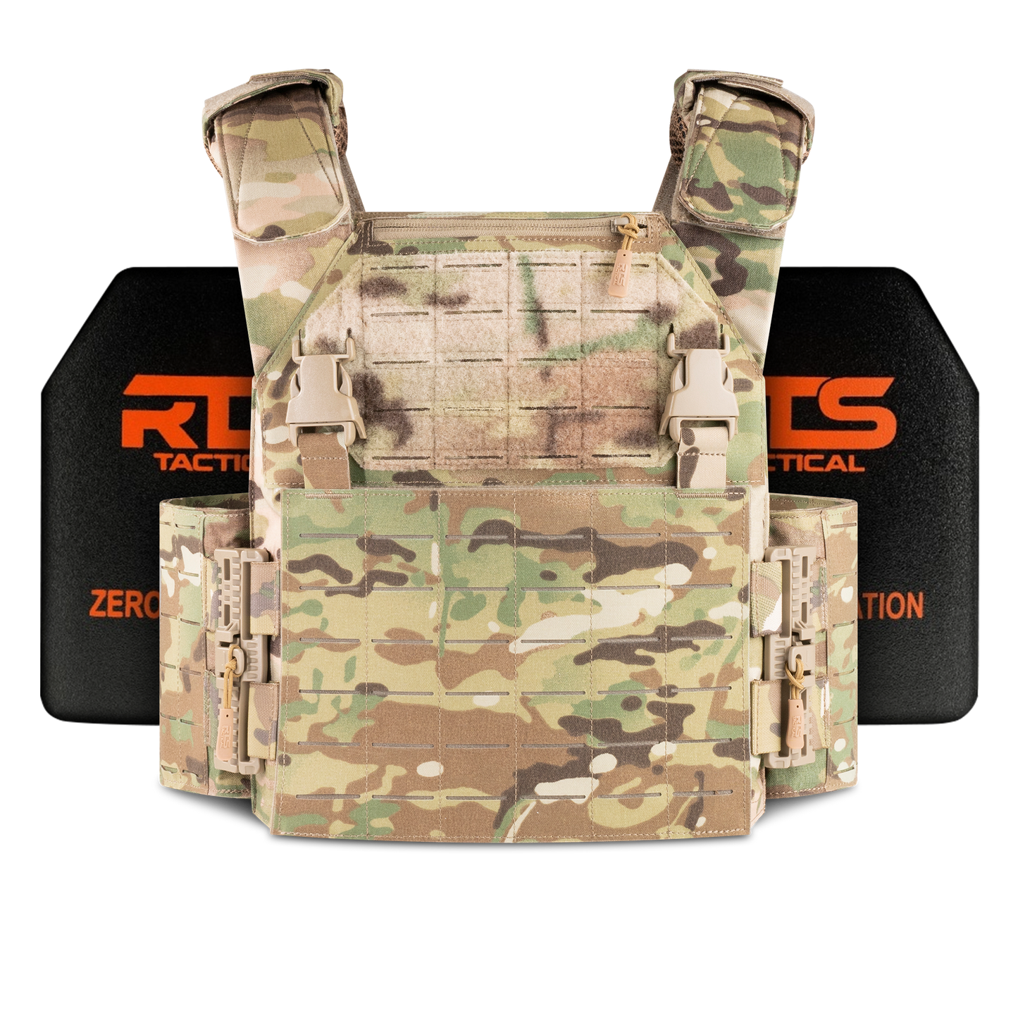 A camouflage-patterned tactical vest is displayed against a solid black background with "RTS Tactical" text in orange behind it.