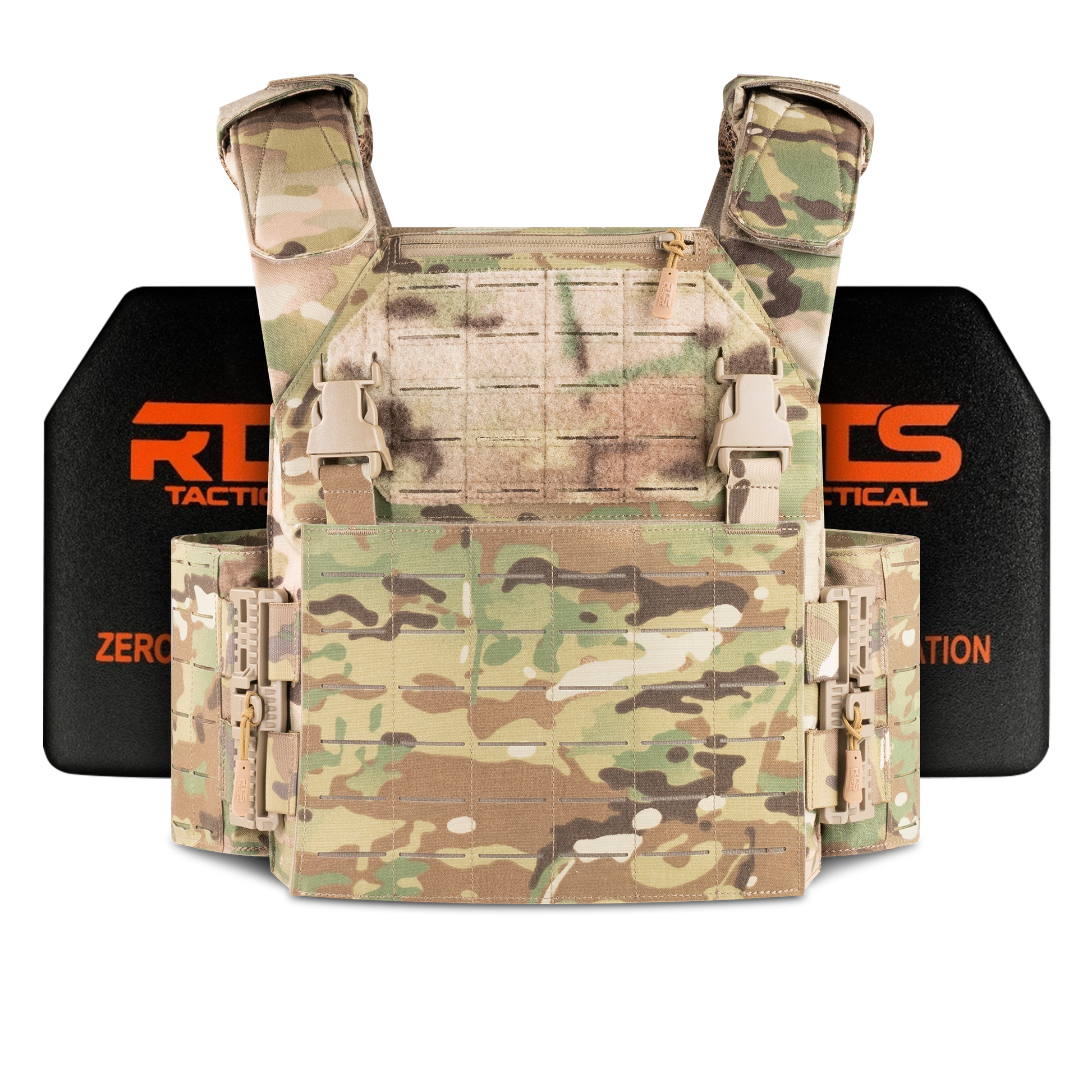 A camouflage-patterned tactical vest is displayed against a solid black background with "RTS Tactical" text in orange behind it.