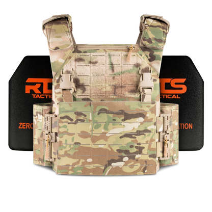 A camouflage-patterned tactical vest is displayed against a solid black background with "RTS Tactical" text in orange behind it.