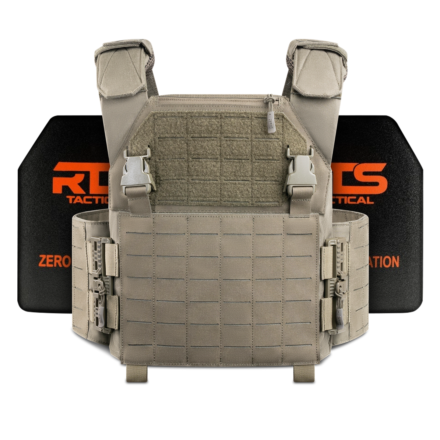 Tactical vest with molle webbing, beige color, shown with black and orange branded plates in the background.