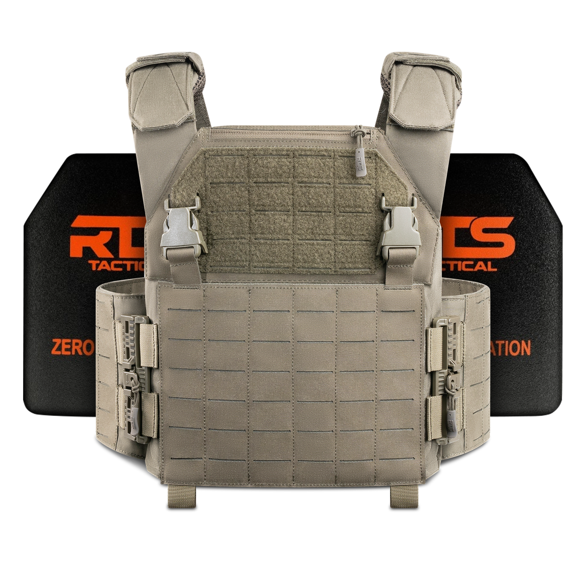 Tactical vest with molle webbing, beige color, shown with black and orange branded plates in the background.