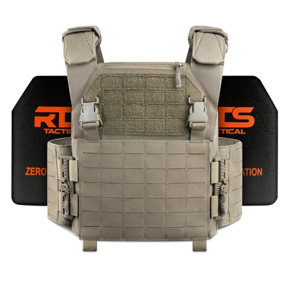 Tactical vest with molle webbing, beige color, shown with black and orange branded plates in the background.