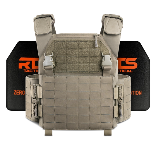 Tactical vest with molle webbing, beige color, shown with black and orange branded plates in the background.