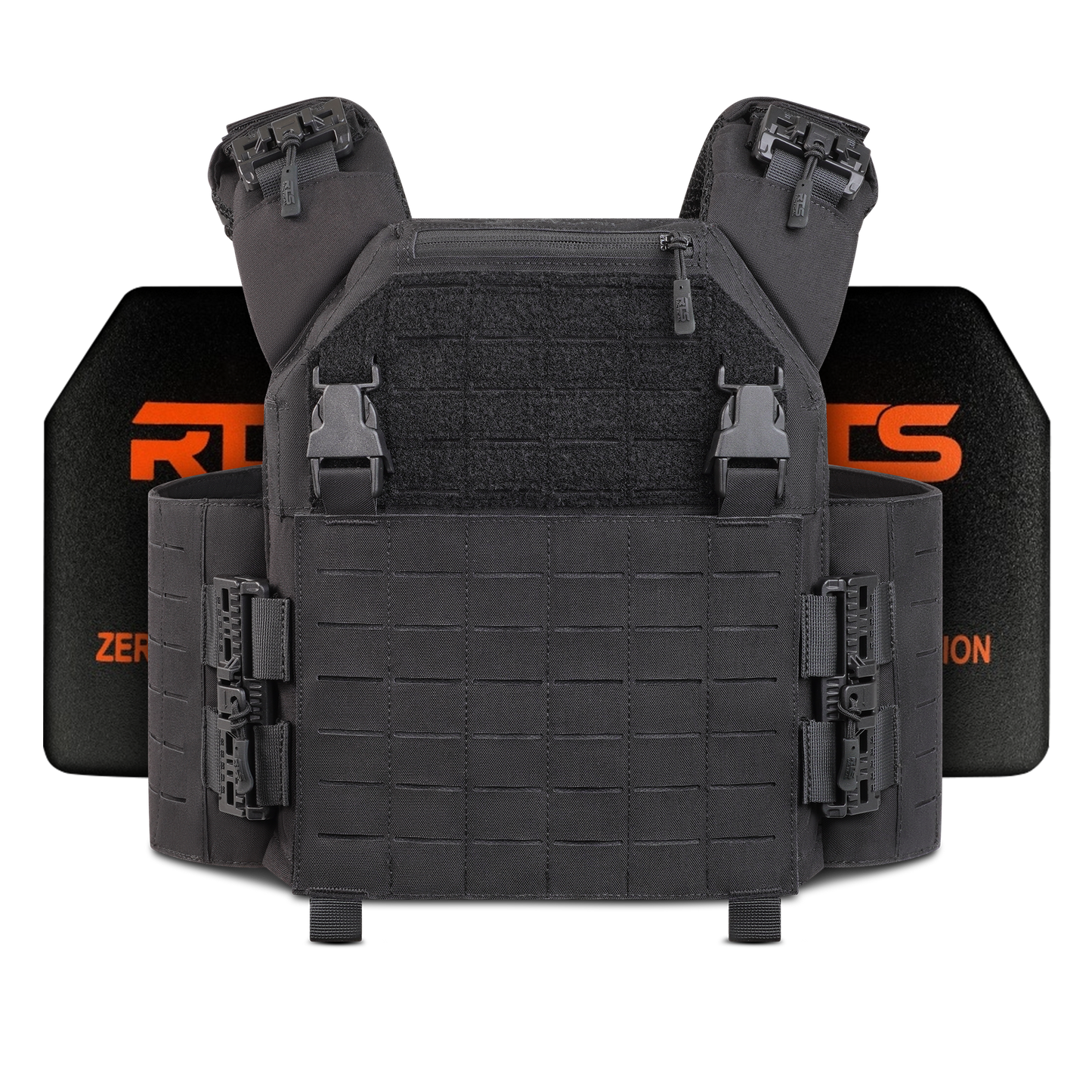Tactical black plate carrier with robust buckles, adjustable straps, and grid patterns, laid against a dark background with "RTS" logo partially visible.