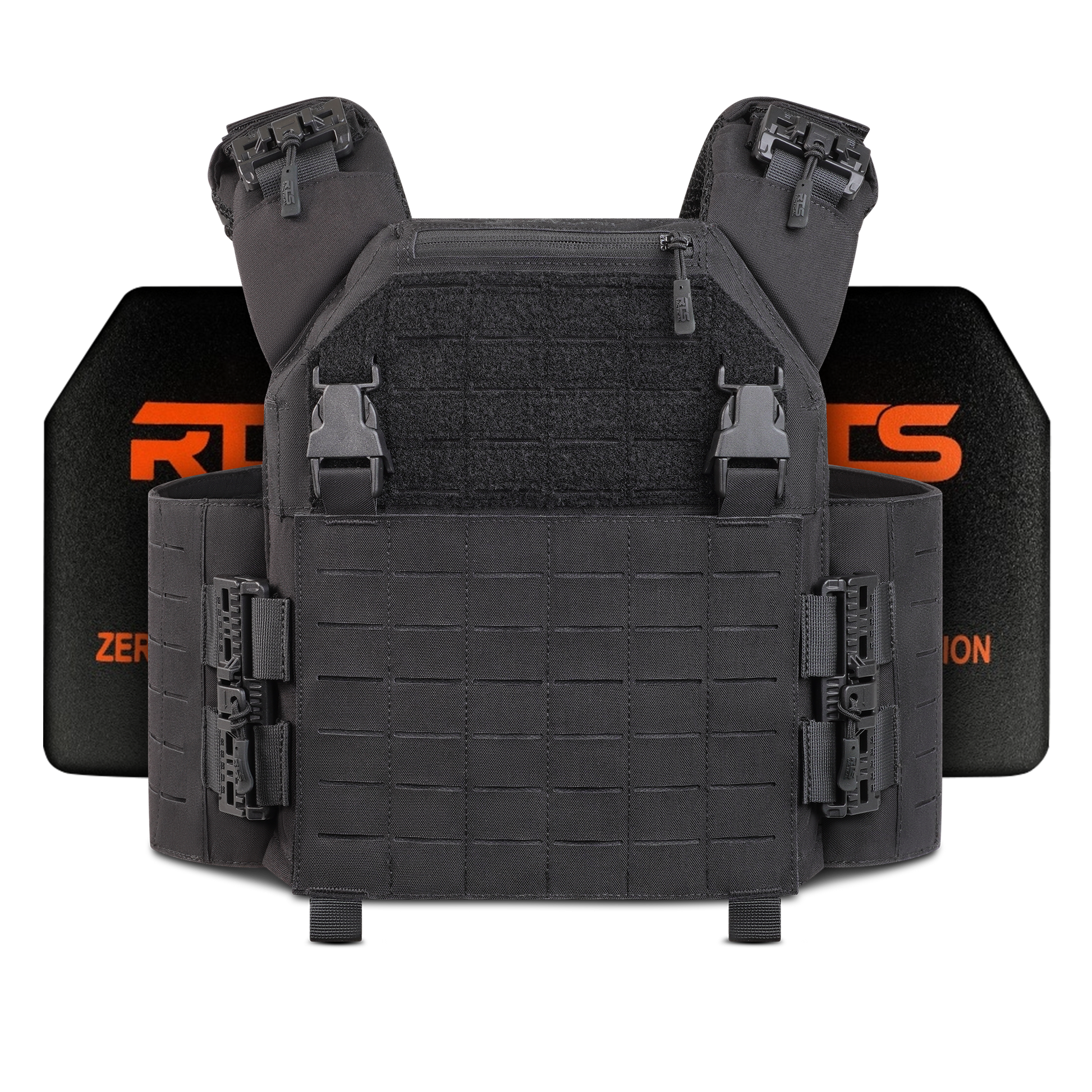Tactical black plate carrier with robust buckles, adjustable straps, and grid patterns, laid against a dark background with "RTS" logo partially visible.