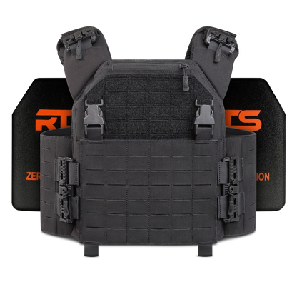 Tactical black plate carrier with robust buckles, adjustable straps, and grid patterns, laid against a dark background with "RTS" logo partially visible.