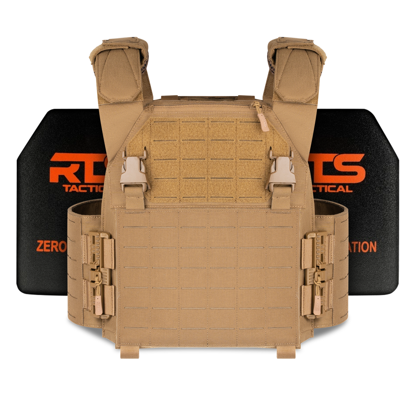 Tan tactical vest with a grid pattern, adjustable straps, and buckles, shown in front of black and orange branded protective plates.