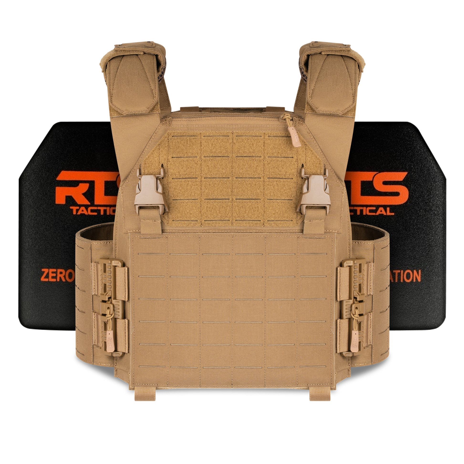 Tan tactical vest with a grid pattern, adjustable straps, and buckles, shown in front of black and orange branded protective plates.