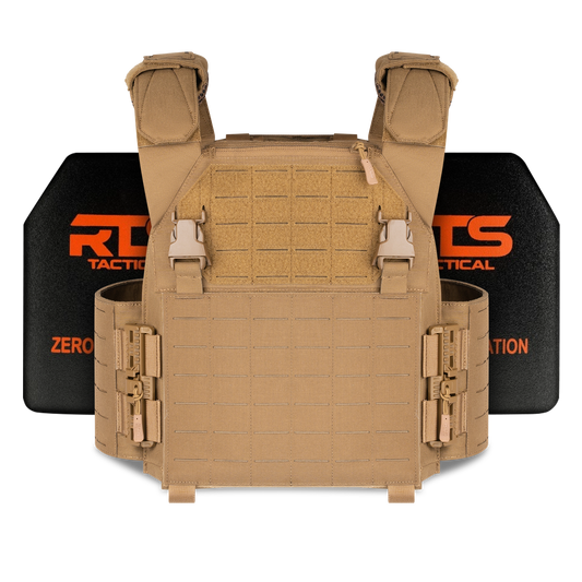 Tan tactical vest with a grid pattern, adjustable straps, and buckles, shown in front of black and orange branded protective plates.