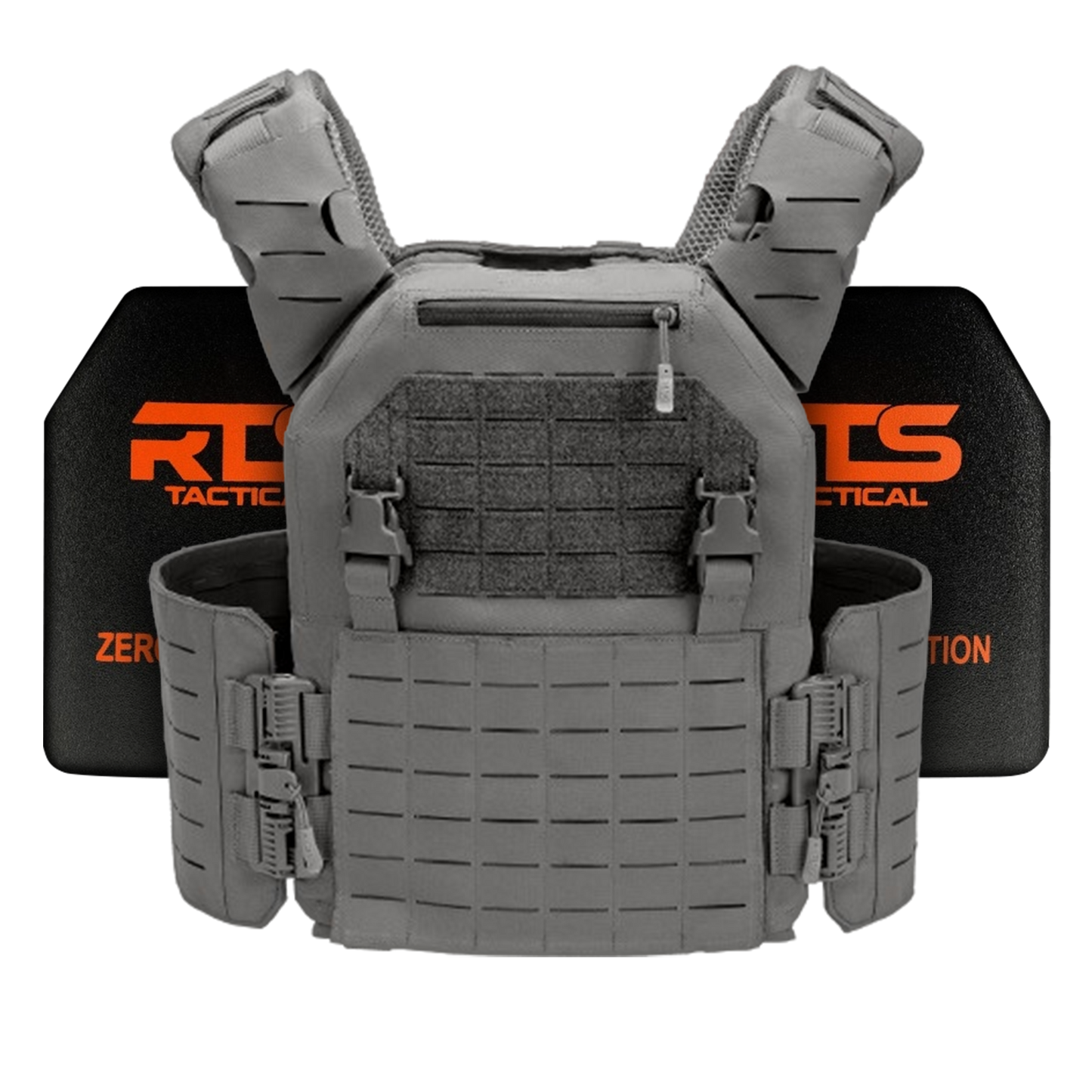 A gray tactical vest with secure straps and pouches is displayed in front of a black ballistic plate featuring bright orange text.