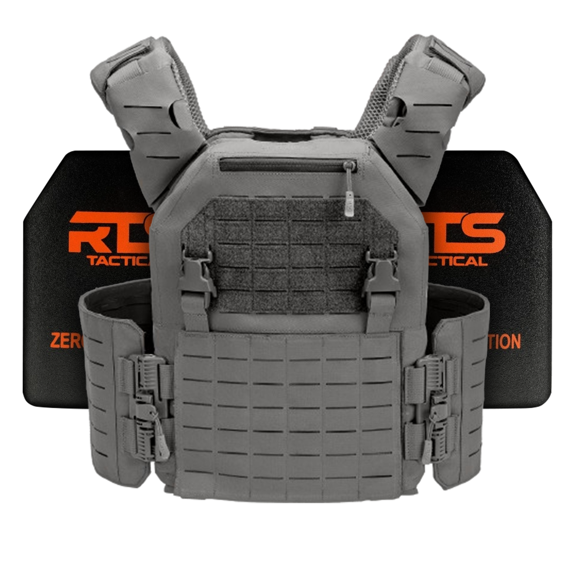 A gray tactical vest with secure straps and pouches is displayed in front of a black ballistic plate featuring bright orange text.