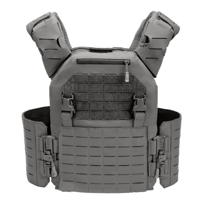 Gray tactical vest with multiple pockets and adjustable straps. The design conveys a sense of utility and durability.