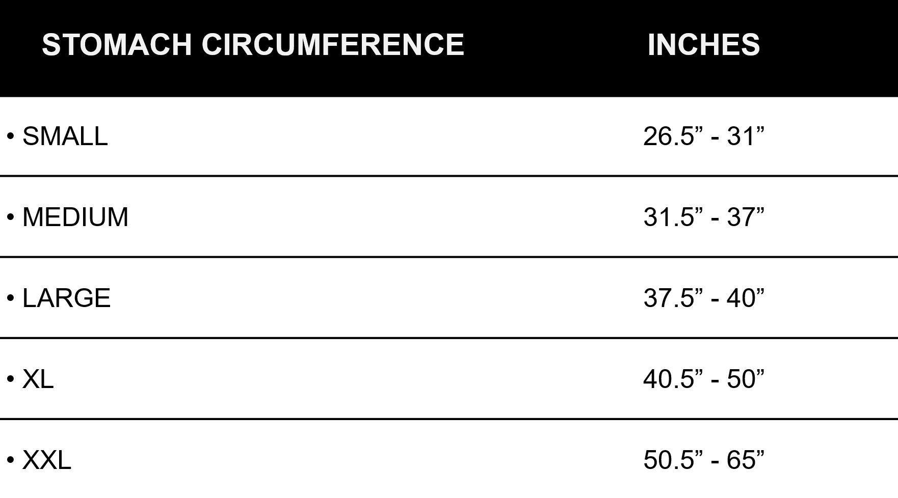 The stomach circumference size chart for the OPSEC Quick Release Plate Carrier.