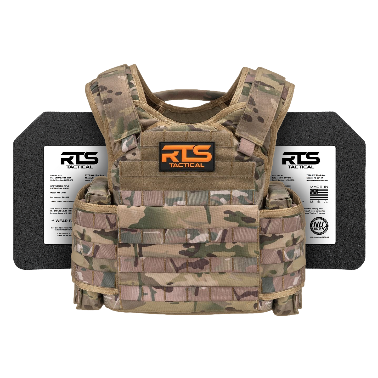 Camouflage tactical vest with "RTS Tactical" logo on the chest, flanked by two black ballistic plates. The setup conveys a sense of protection and readiness.