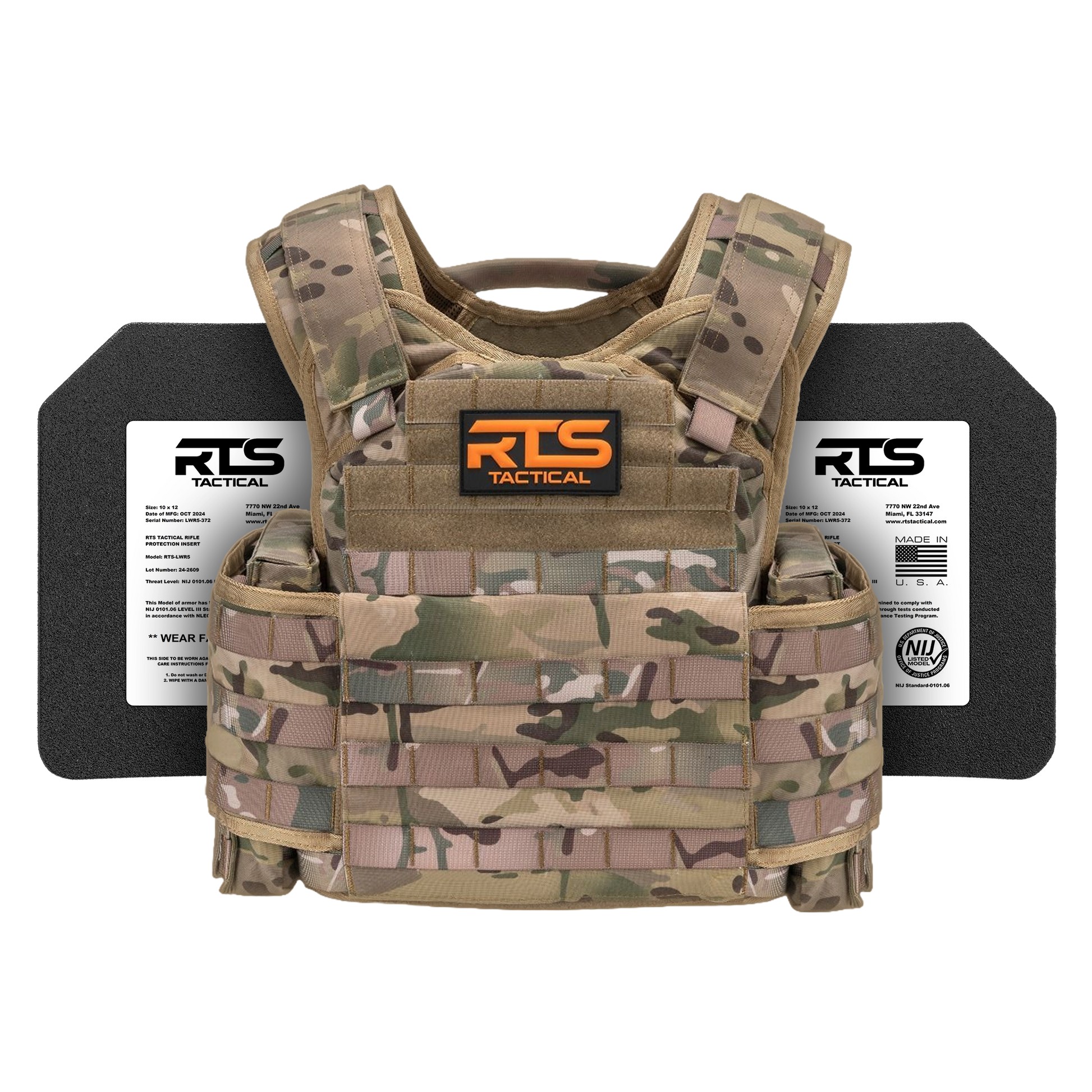 Camouflage tactical vest with "RTS Tactical" logo on the chest, flanked by two black ballistic plates. The setup conveys a sense of protection and readiness.