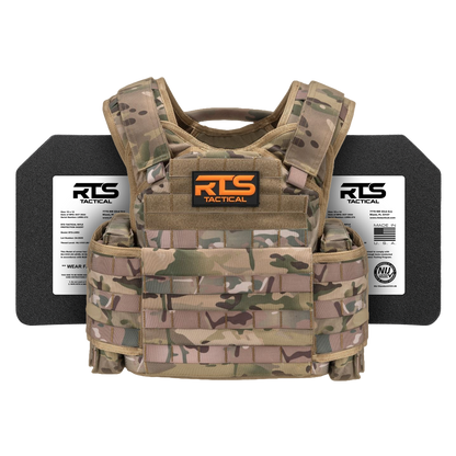 Camouflage tactical vest with "RTS Tactical" logo on the chest, flanked by two black ballistic plates. The setup conveys a sense of protection and readiness.