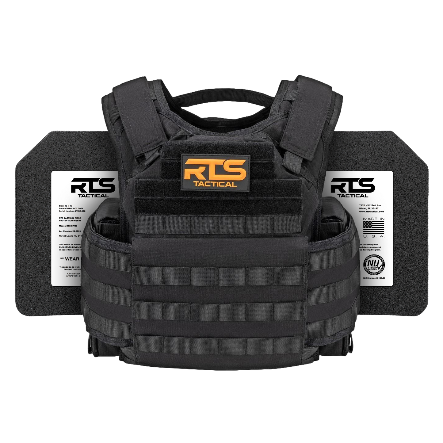 Black tactical vest with padded shoulder straps and modular webbing. Two protective plates visible on sides.