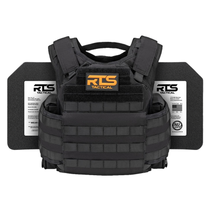 Black tactical vest with padded shoulder straps and modular webbing. Two protective plates visible on sides.