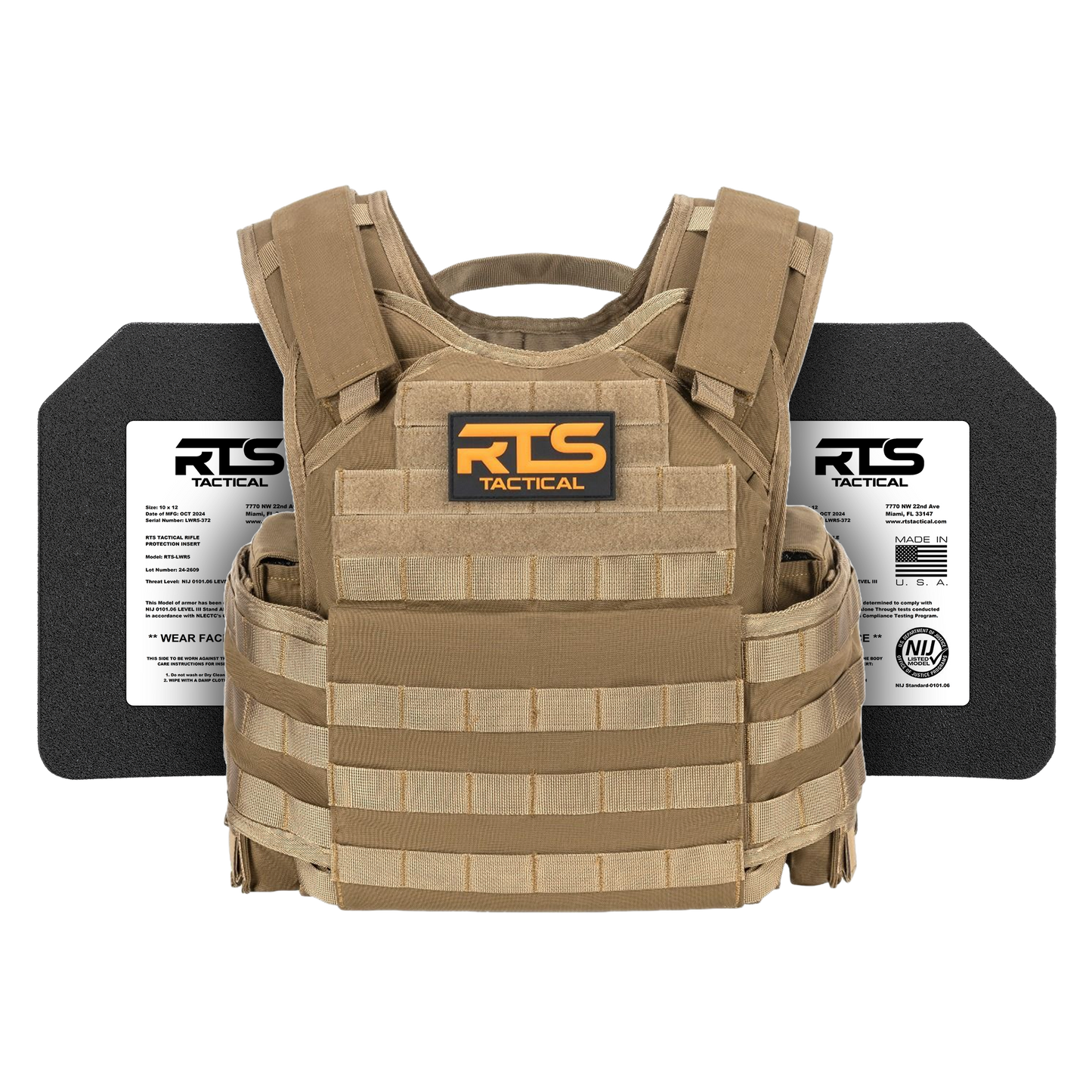 Tan tactical vest with RTS Tactical logo displayed front and center. Two black ballistic plates are shown behind the vest, each labeled with specifications.