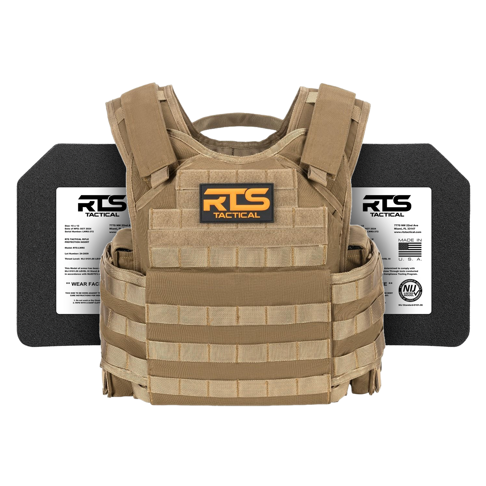Tan tactical vest with RTS Tactical logo displayed front and center. Two black ballistic plates are shown behind the vest, each labeled with specifications.
