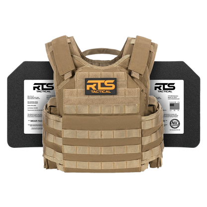 Tan tactical vest with RTS Tactical logo displayed front and center. Two black ballistic plates are shown behind the vest, each labeled with specifications.