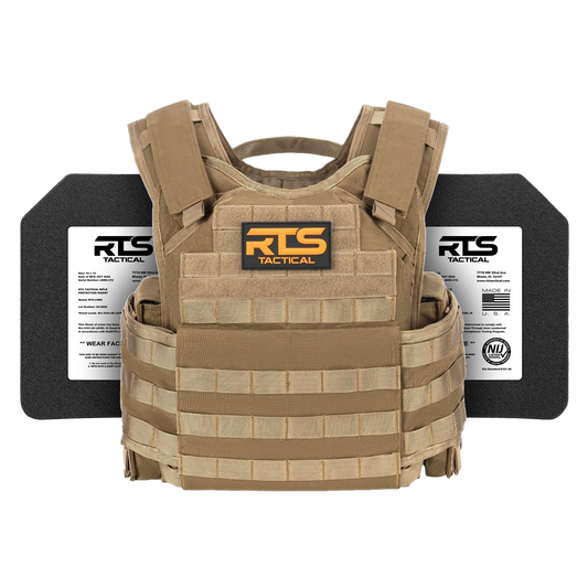 Tan tactical vest with RTS Tactical logo displayed front and center. Two black ballistic plates are shown behind the vest, each labeled with specifications.