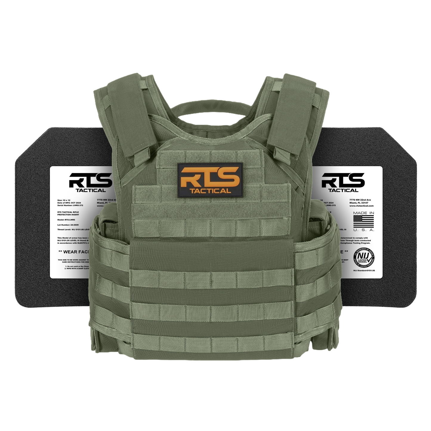 Green tactical vest with padded shoulders, labeled "RTS Tactical." Two black bulletproof plates are partially visible behind the vest.