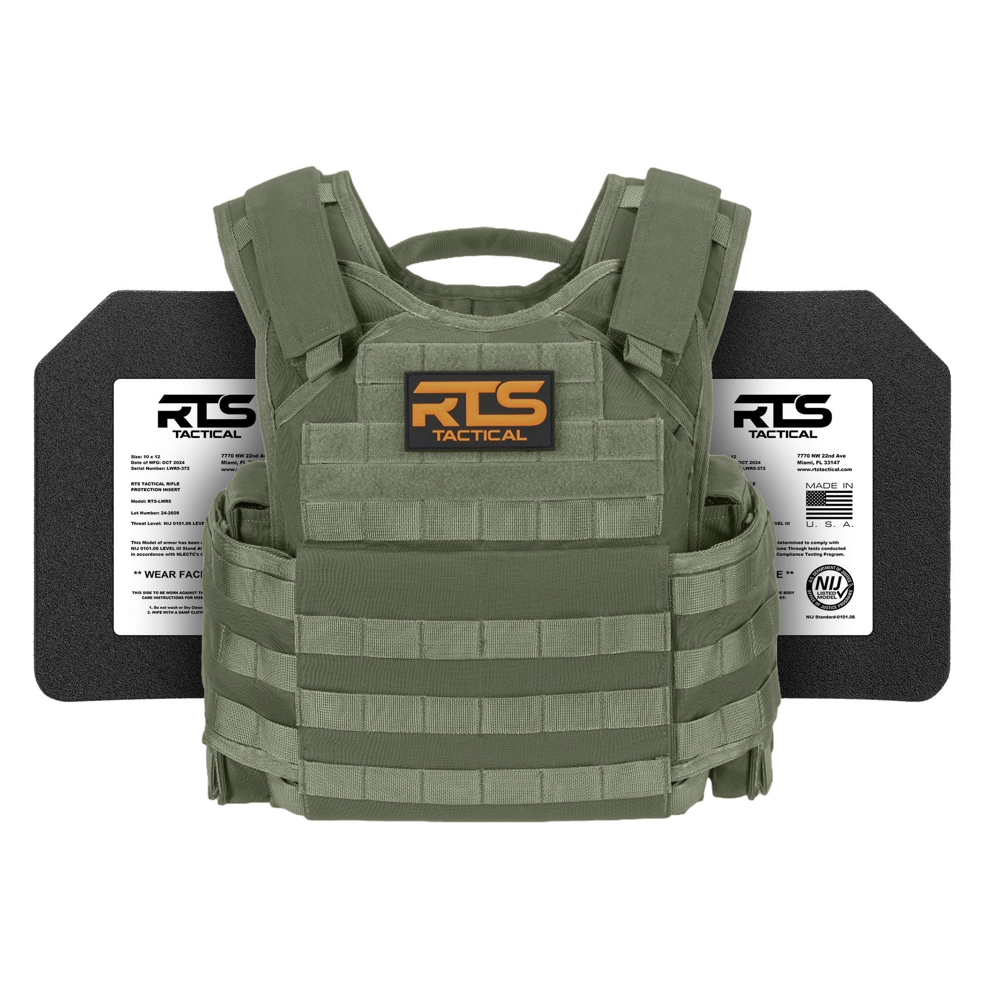Green tactical vest with padded shoulders, labeled "RTS Tactical." Two black bulletproof plates are partially visible behind the vest.