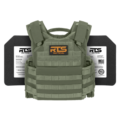 Green tactical vest with padded shoulders, labeled "RTS Tactical." Two black bulletproof plates are partially visible behind the vest.