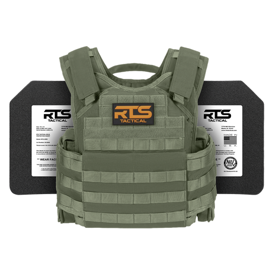 Ranger Green tactical carrier flanked by two black ballistic plates. The set features a desaturated green vest with reinforced stitching and two protective armor inserts with center branding.
