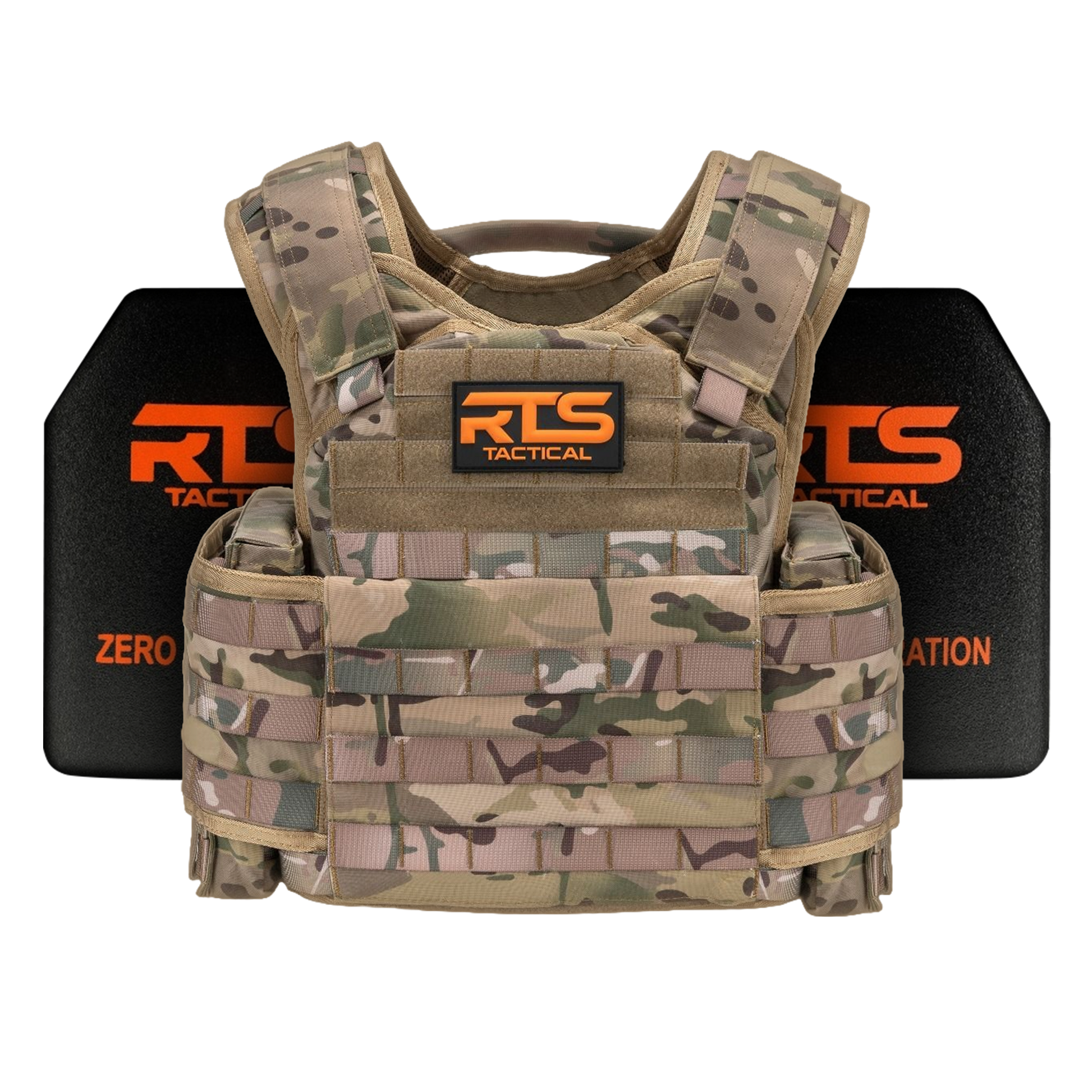Camouflage tactical vest with gear pouches, featuring "RTS Tactical" branding in bright orange.