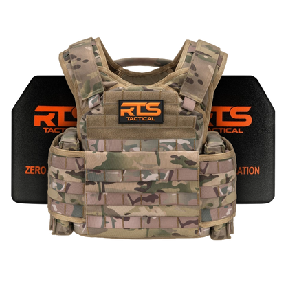 Camouflage tactical vest with gear pouches, featuring "RTS Tactical" branding in bright orange.