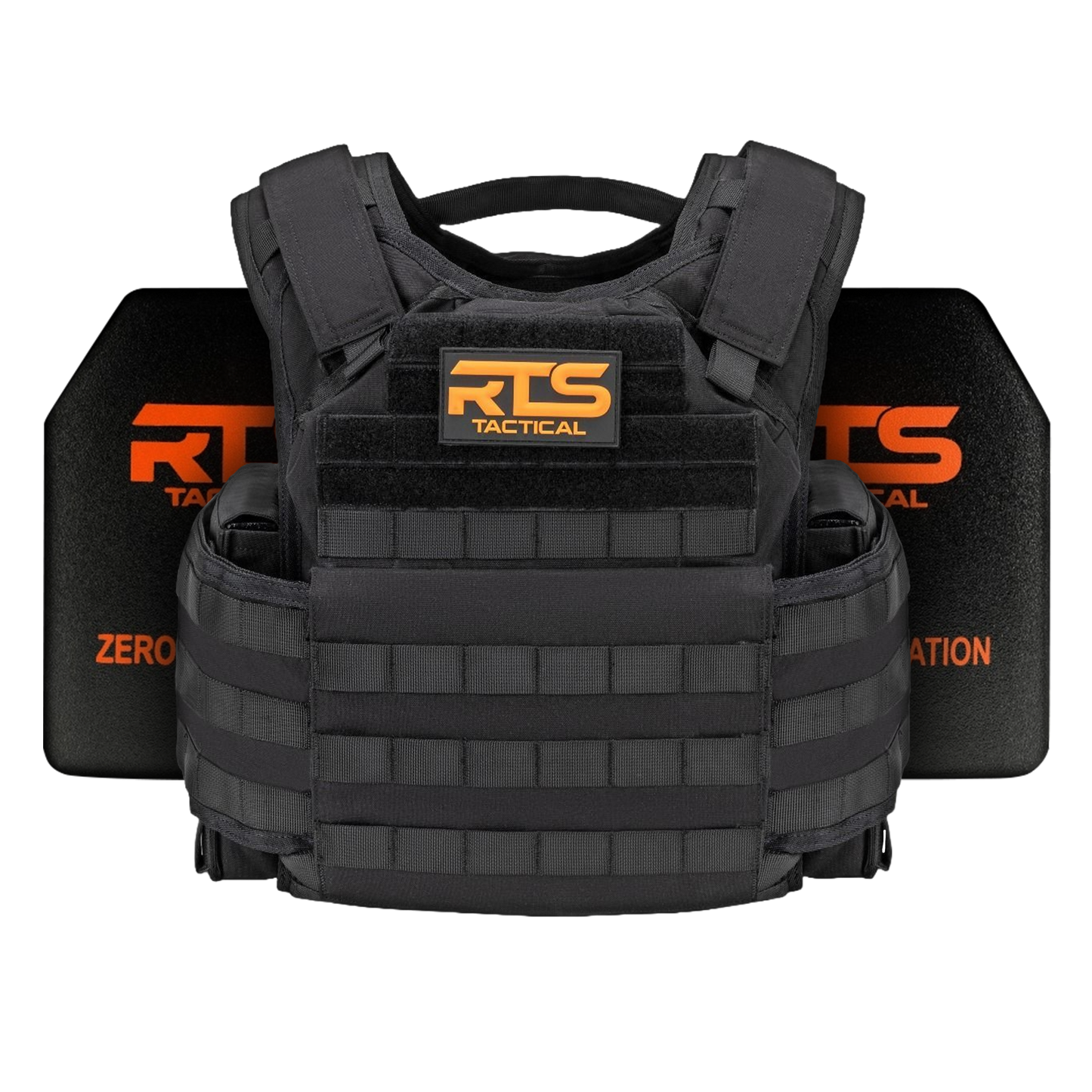 Black tactical vest with padded shoulder straps, labeled "RTS Tactical" in orange. Two black body armor plates are behind.