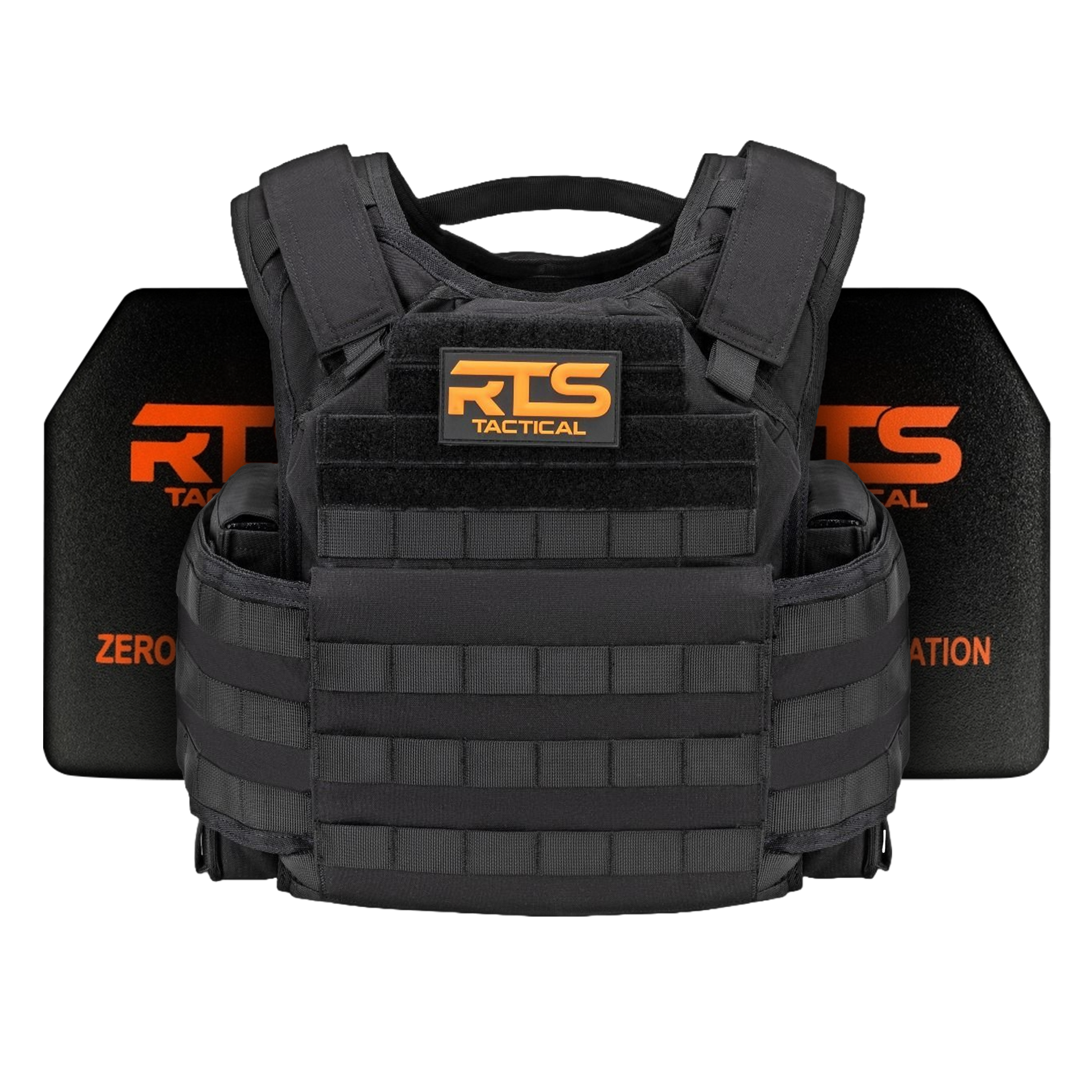 Black tactical vest with padded shoulder straps, labeled "RTS Tactical" in orange. Two black body armor plates are behind.
