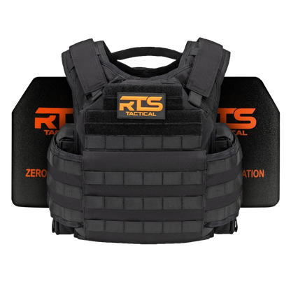 Black tactical vest with padded shoulder straps, labeled "RTS Tactical" in orange. Two black body armor plates are behind.