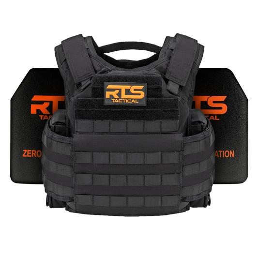 RTS Tactical Premium Plate Carrier Active Shooter Kit in Black with two NIJ 0101.06 Level IV Ceramic Rifle Protection armor plate inserts.