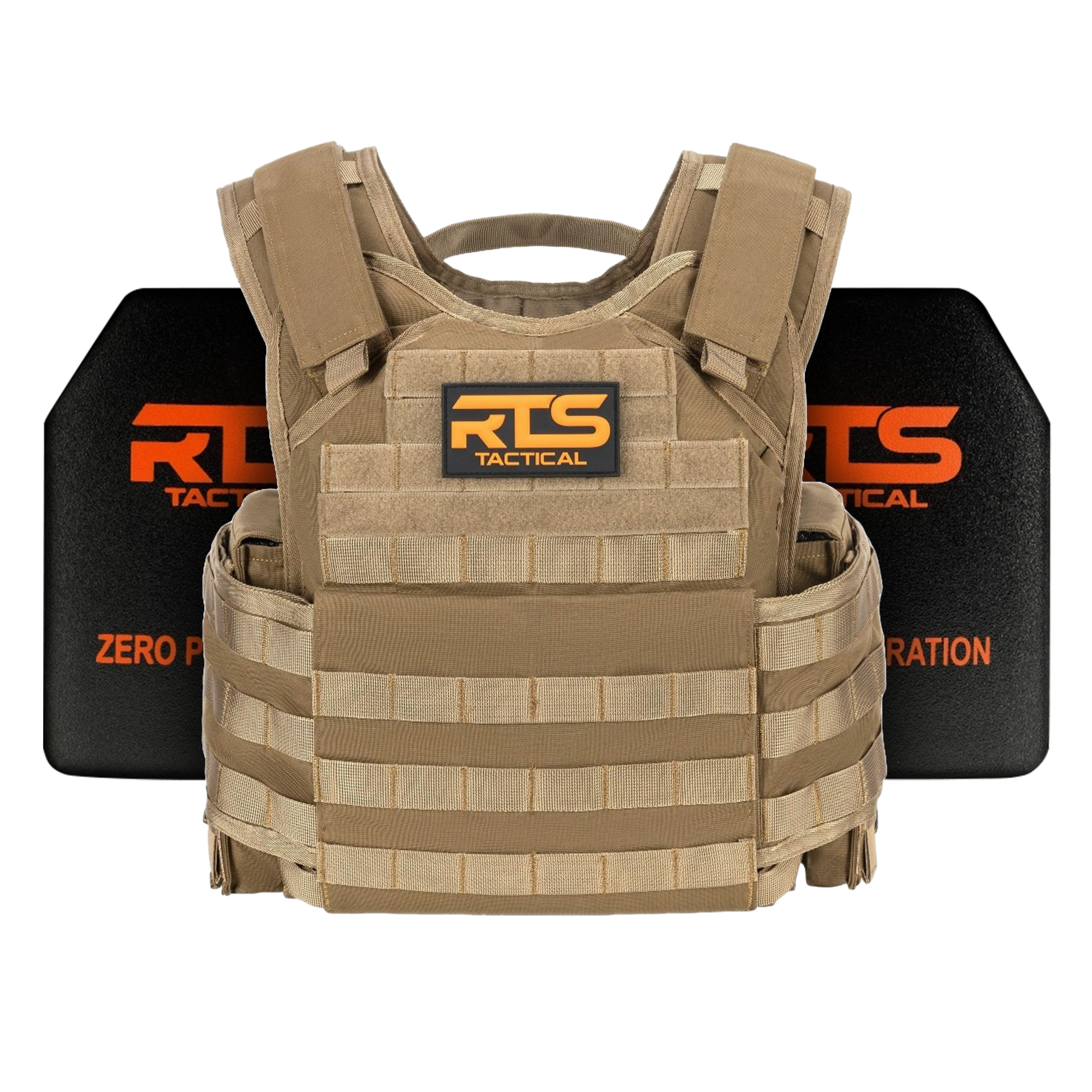 Tan tactical vest with MOLLE webbing, displaying "RTS Tactical" patch in front. Two black ballistic plates marked with the same logo are behind it.