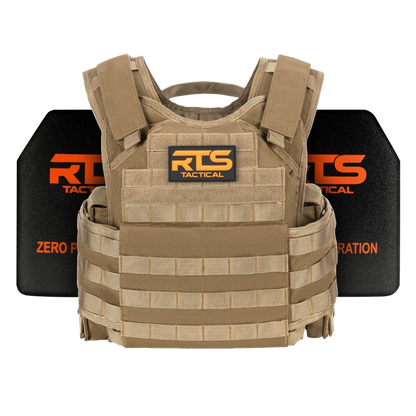 Tan tactical vest with MOLLE webbing, displaying "RTS Tactical" patch in front. Two black ballistic plates marked with the same logo are behind it.