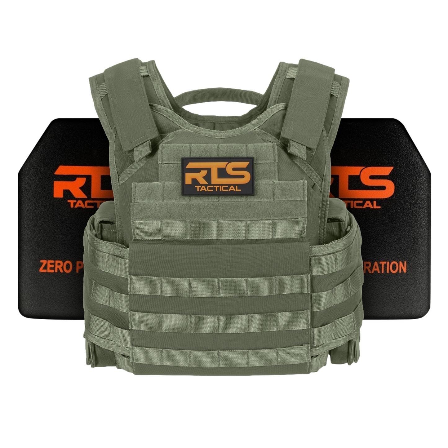 Military-style tactical vest in olive green, featuring MOLLE webbing and RTS Tactical branding. Two ballistic plates with orange text are positioned behind.