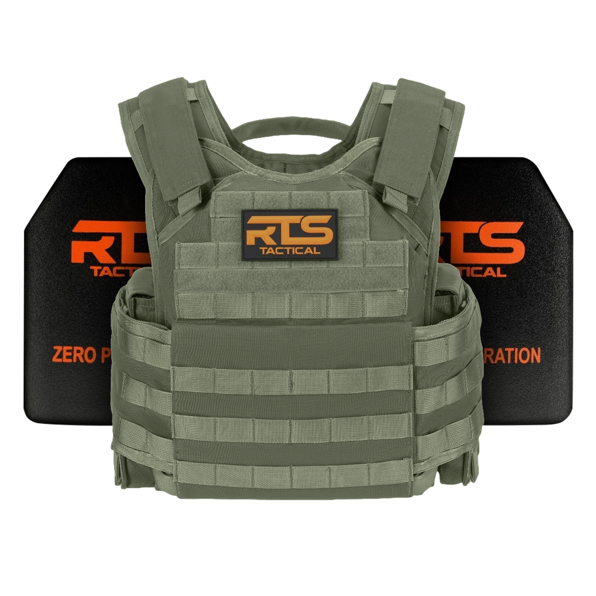 Military-style tactical vest in olive green, featuring MOLLE webbing and RTS Tactical branding. Two ballistic plates with orange text are positioned behind.