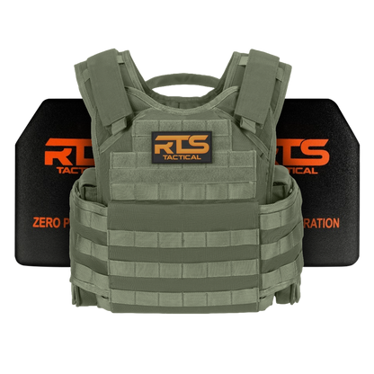 Military-style tactical vest in olive green, featuring MOLLE webbing and RTS Tactical branding. Two ballistic plates with orange text are positioned behind.