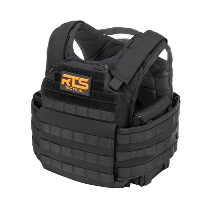 Black tactical vest with padded shoulder straps and MOLLE webbing for attachments. Orange logo reading "RTS Tactical" on front, against white background.