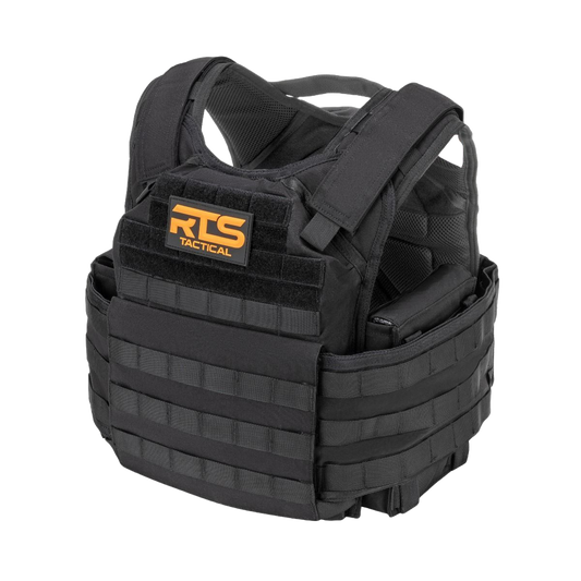 Black RTS Tactical Premium Plate Carrier showing the rugged front construction and laser-cut MOLLE attachment points.
